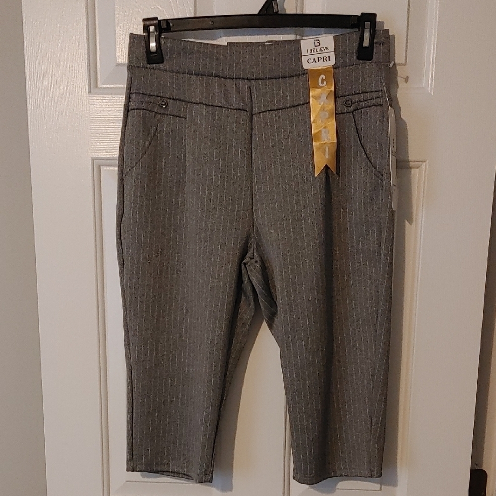 NWT Women's Sz Lg Gray Pinstripe Knee-Length Capri Pant Academia Grunge Preppy